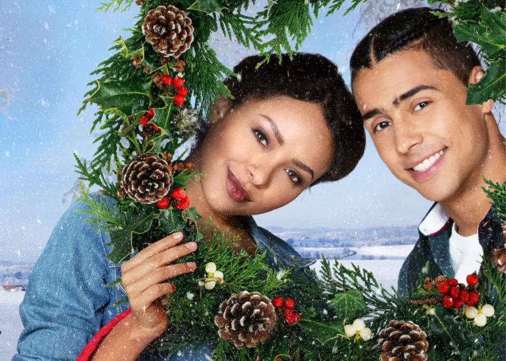 THE HOLIDAY CALENDAR CAST. Taking a picture in the middle of a Christmas Wreathe