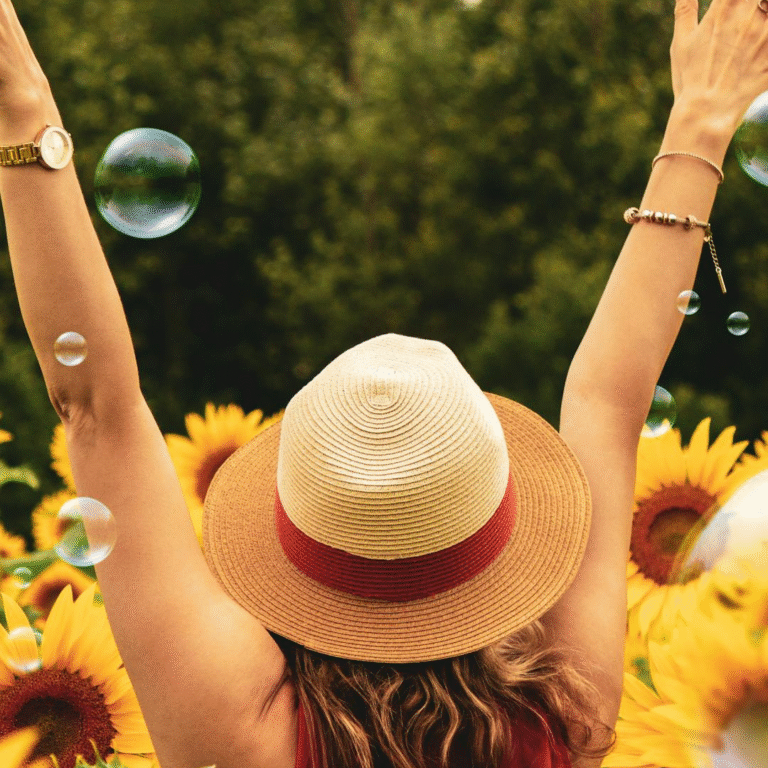 Woman surrounded by sunflowers