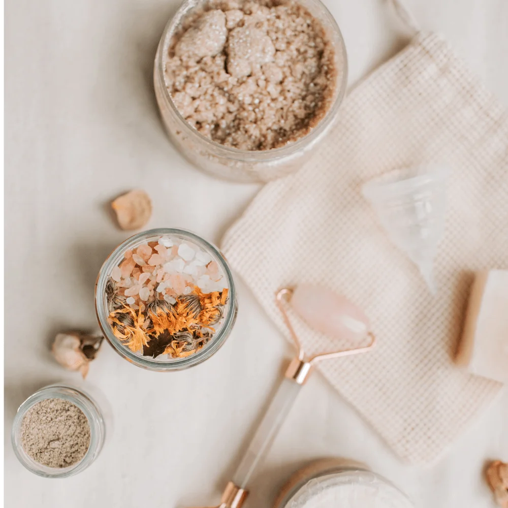 skincare products on a white surface. Saturday self care ideas