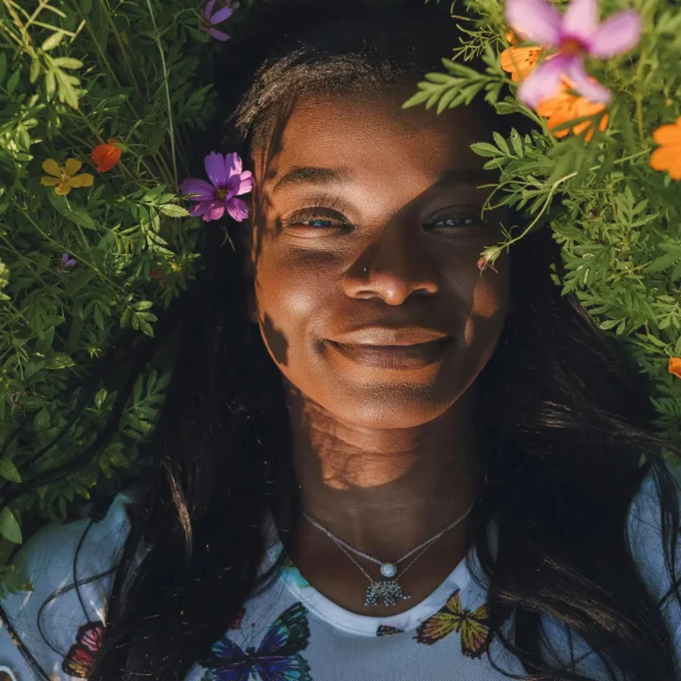 Happy black woman lying on grass with flowers