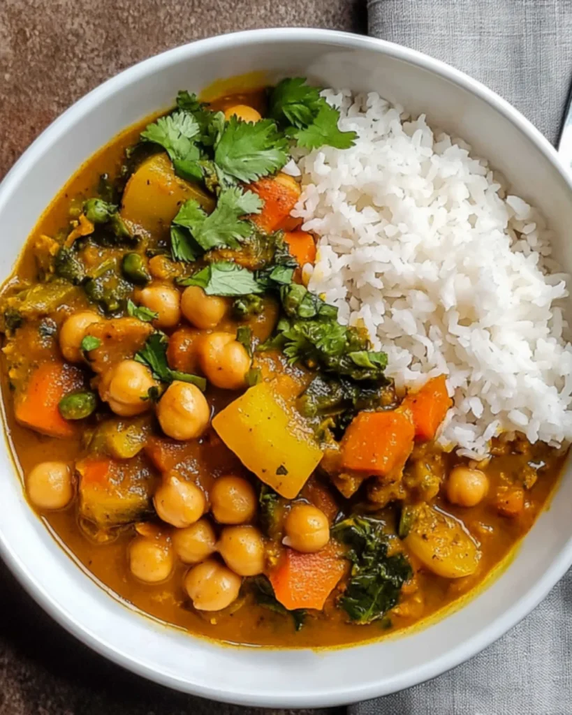 A white bowl, with vegan chickpea curry, white rice, carrots, potatoes and beans,
