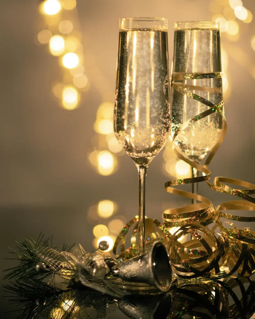 Close-Up Of Two Flute Glasses Filled With Sparkling Wine Wuth Ribbons And Christmas Decor