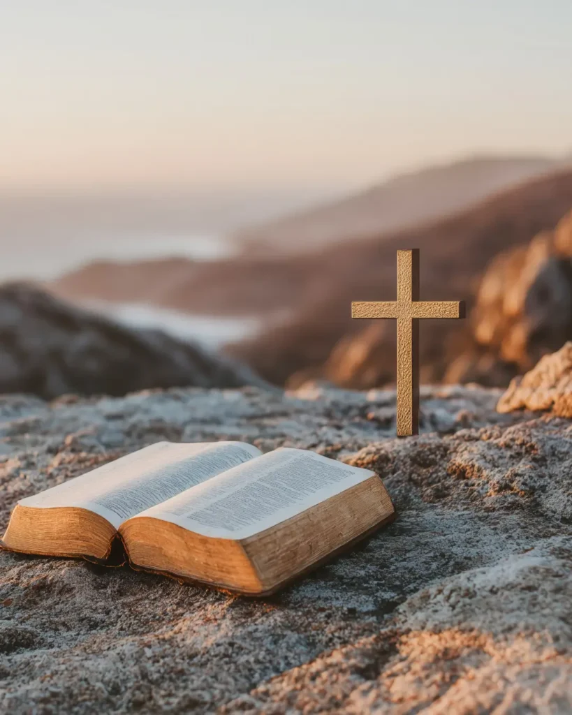 Bible and a cross on a mountain