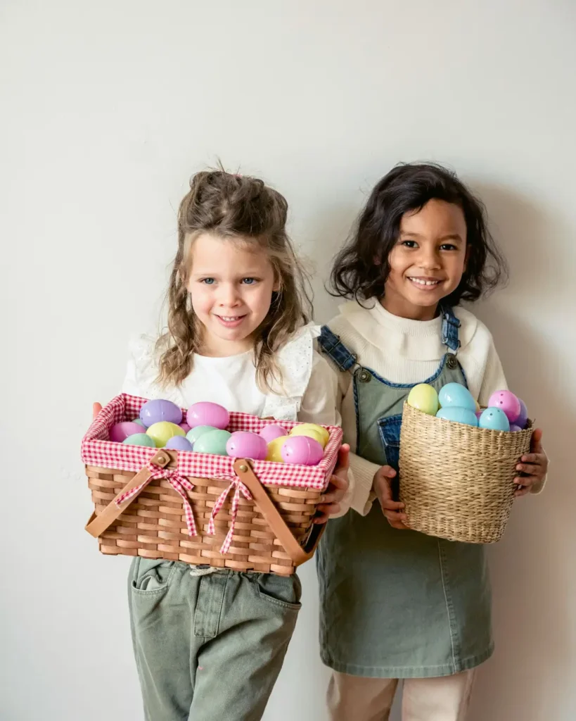 Happy diverse girl with Easter eggs