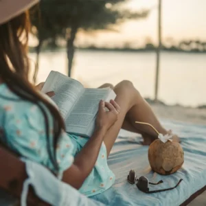 Selective Focus Photo of a Woman Reading a Book Beside a Coconut Drink and Sunglasses