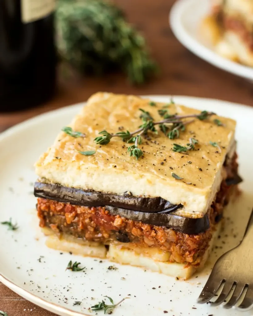 Vegan moussaka with creamy bechamel