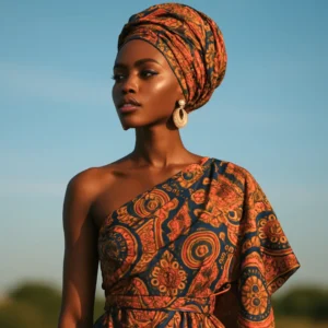 A woman staring out in the world, dressed in a beautiful brown print dress and headwrap