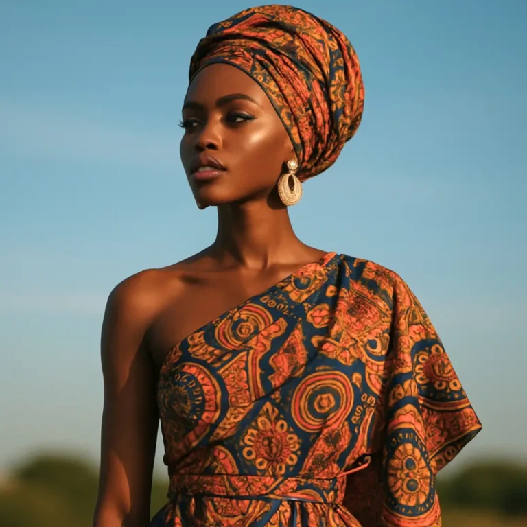 A woman staring out in the world, dressed in a beautiful brown print dress and headwrap