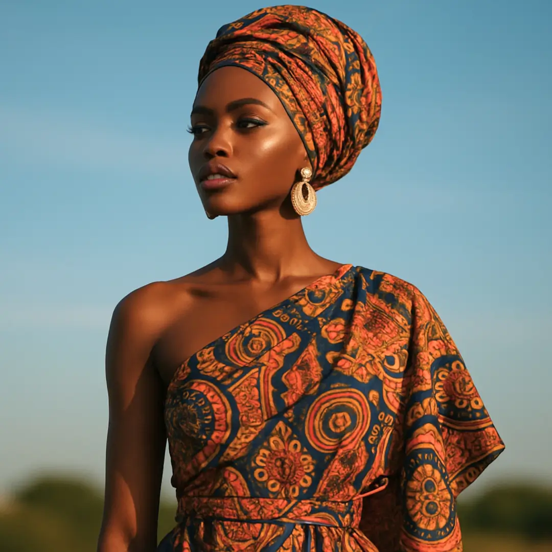 A woman staring out in the world, dressed in a beautiful brown print dress and headwrap