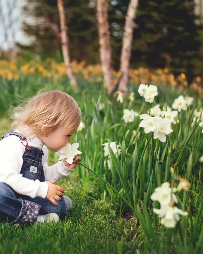 Girl Sitting on Grass Smelling White Petaled Flower