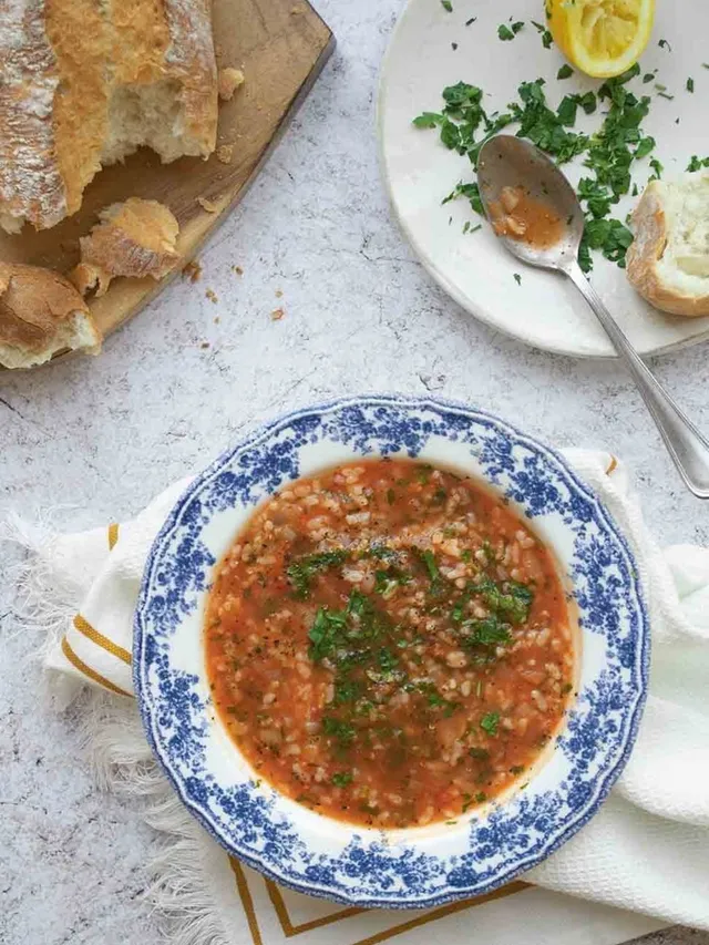 Dad's Tomato & Rice Soup on a blue and white bowl